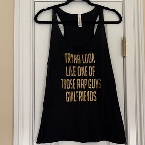 Black Graphic Tank Top with Gold Text